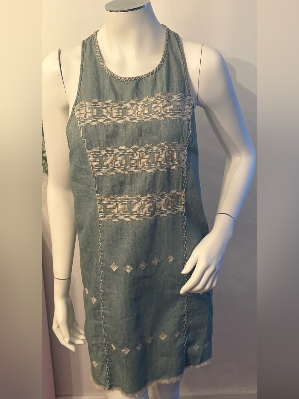 Free People Embroidered Denim-Style Sleeveless Shift Dress in Blue